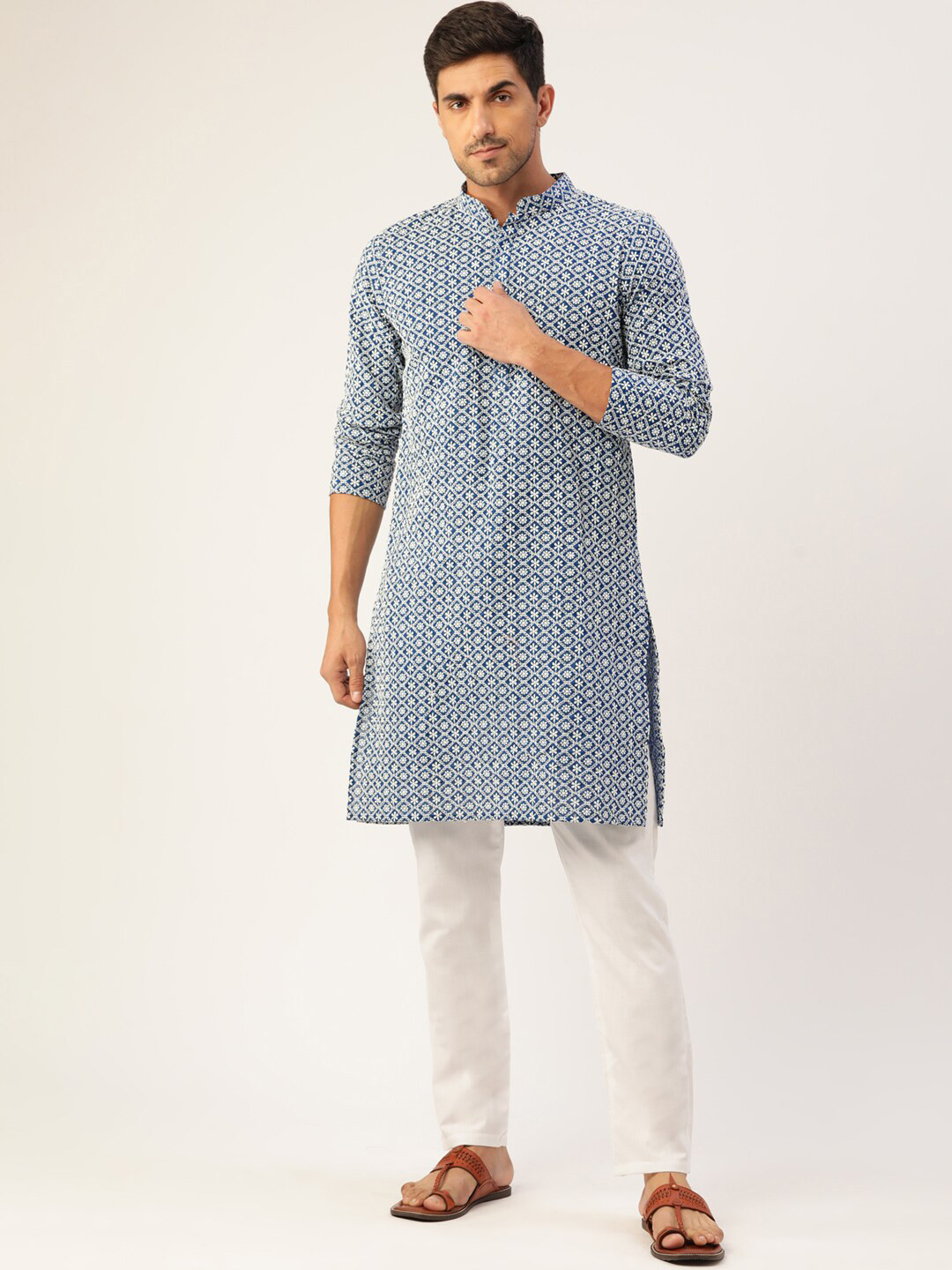 

Molly & Michel Men Blue Chikankari Embroidered Summer Sheers Kurta