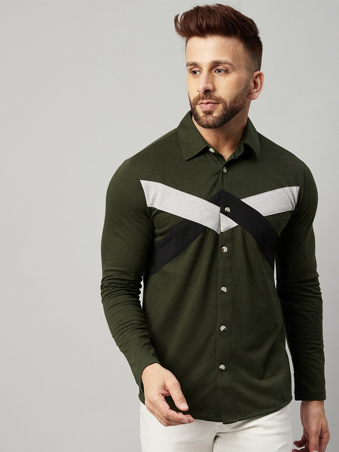 

GRITSTONES Men Olive Green solid Colourblocked Pattern Opaque Casual Shirt