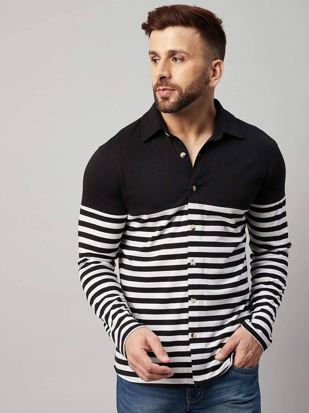 

GRITSTONES Men Black Solid Striped Opaque Casual Shirt