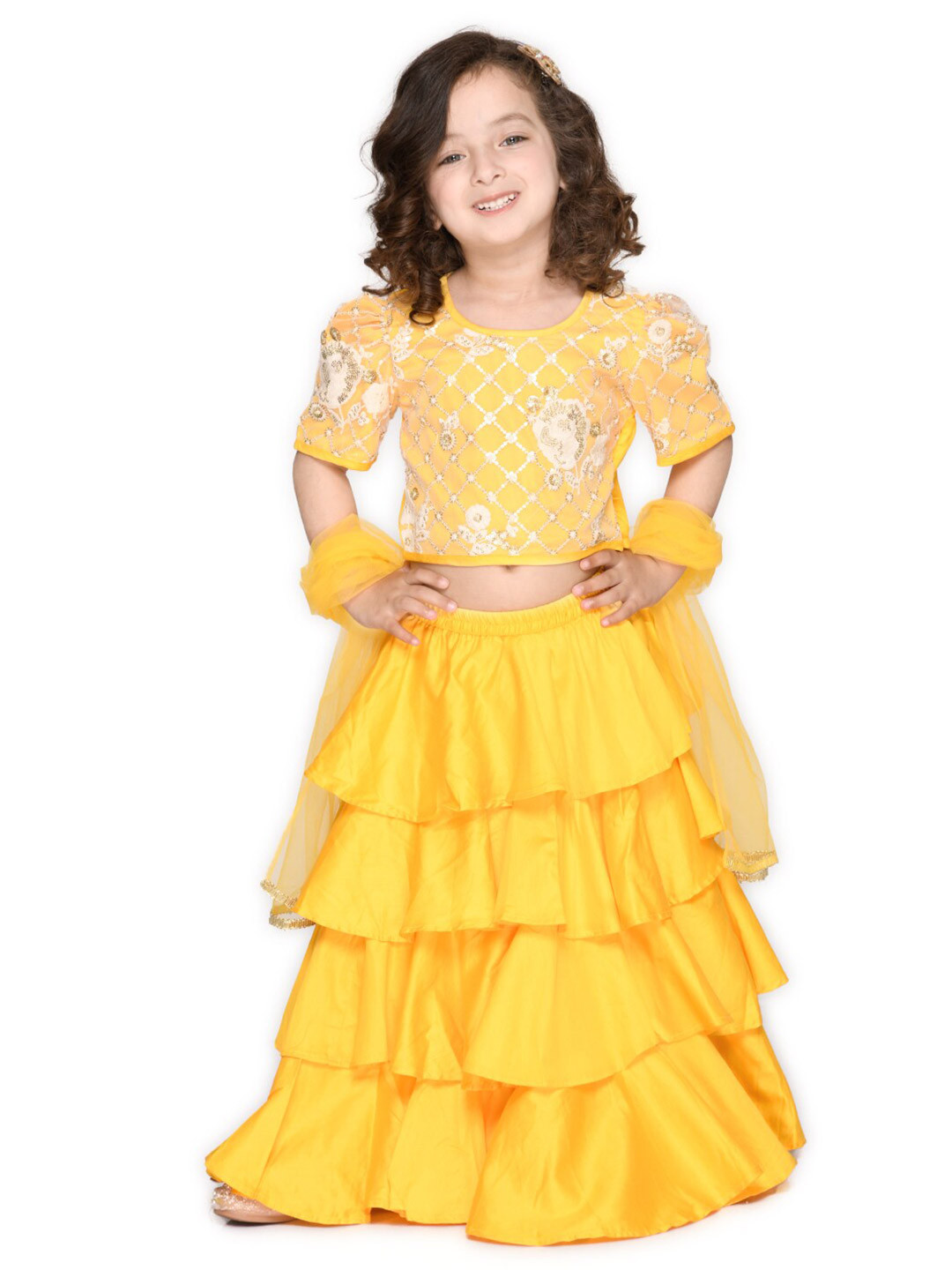 

SAKA DESIGNS Girls Yellow & Gold Embroidered Ready to Wear Lehenga & Blouse With Dupatta
