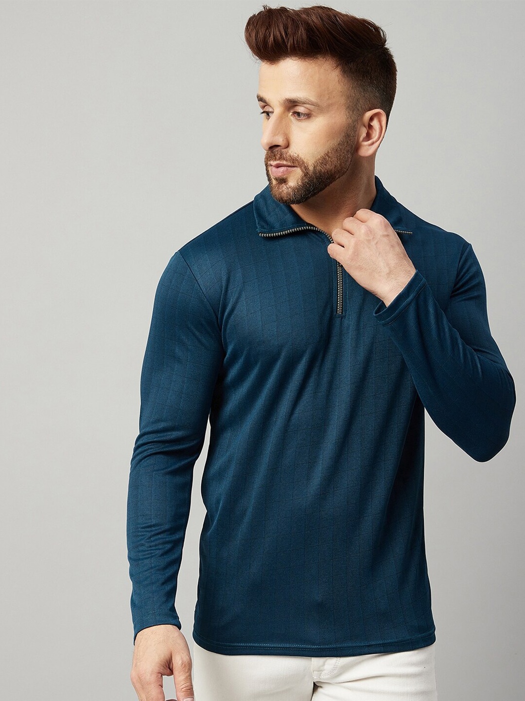 

GRITSTONES Men Teal Blue Striped Polo Collar T-shirt