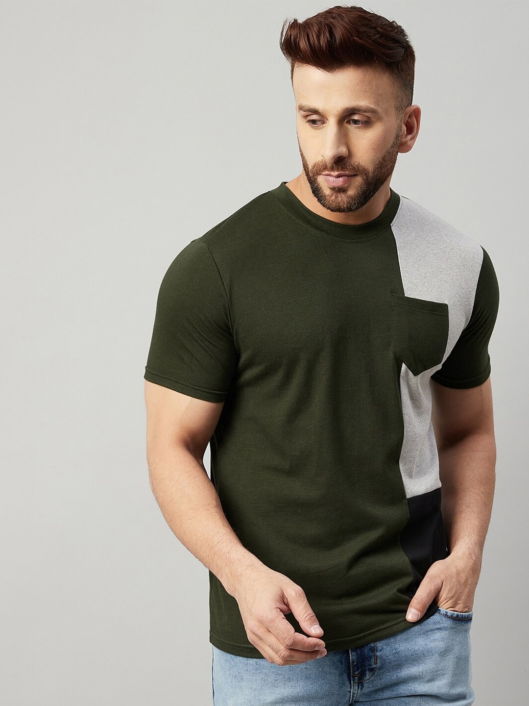 

GRITSTONES Men Olive Green & Grey T-shirt