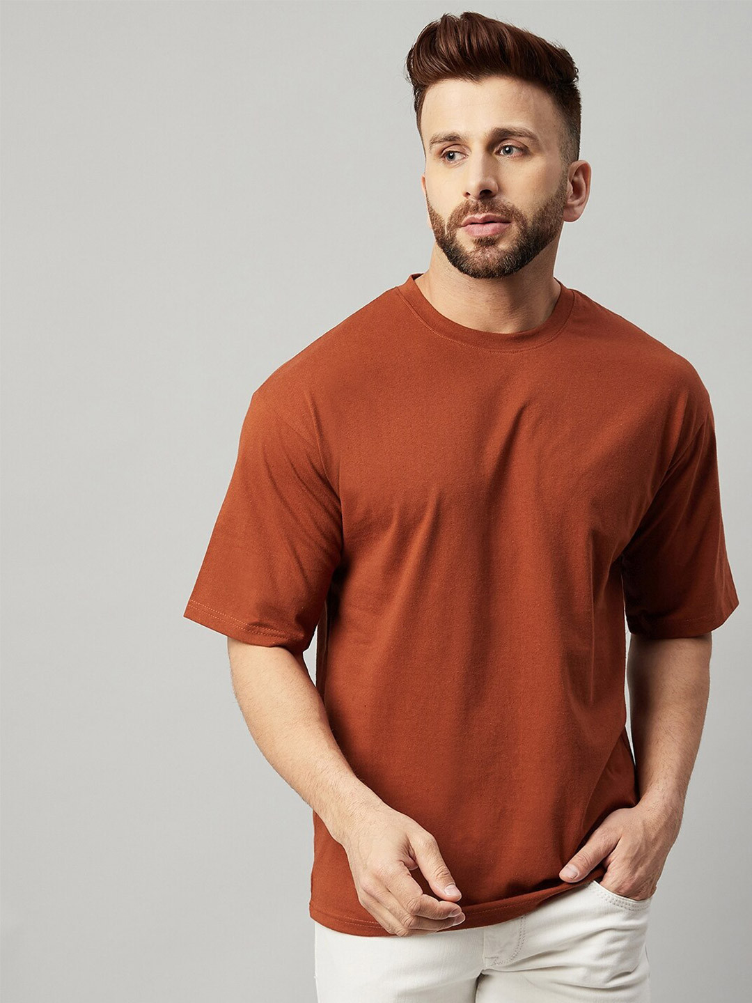 

GRITSTONES Men Brown Solid Oversized Cotton T-shirt
