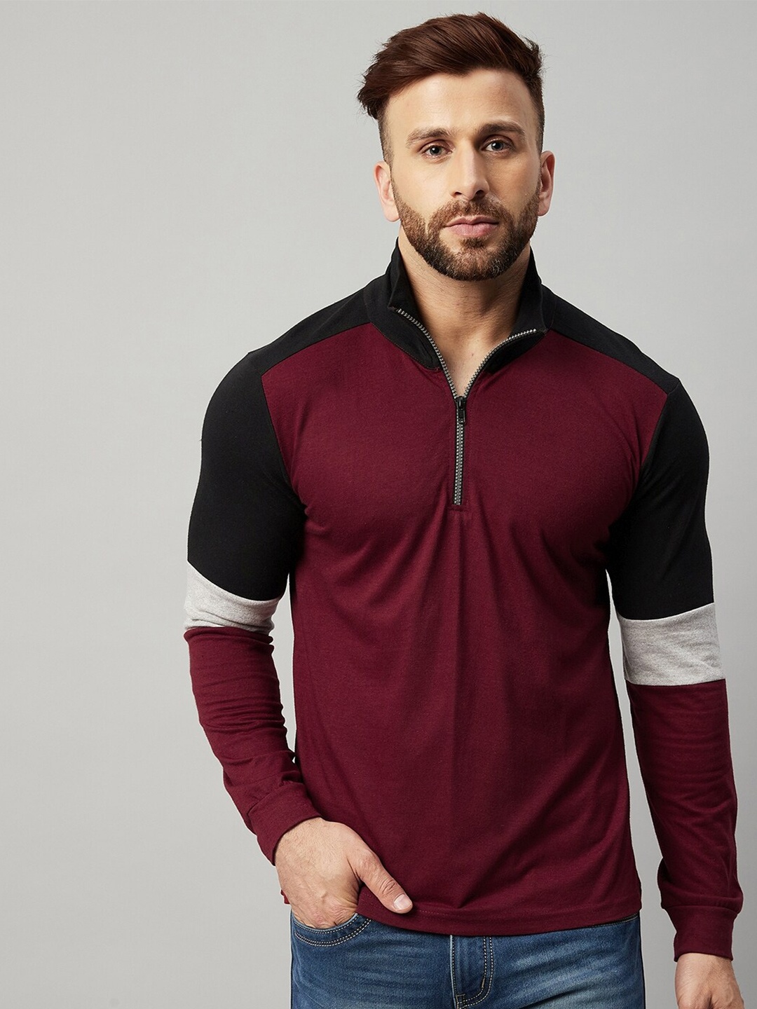 

GRITSTONES Men Maroon Colourblocked V-Neck T-shirt