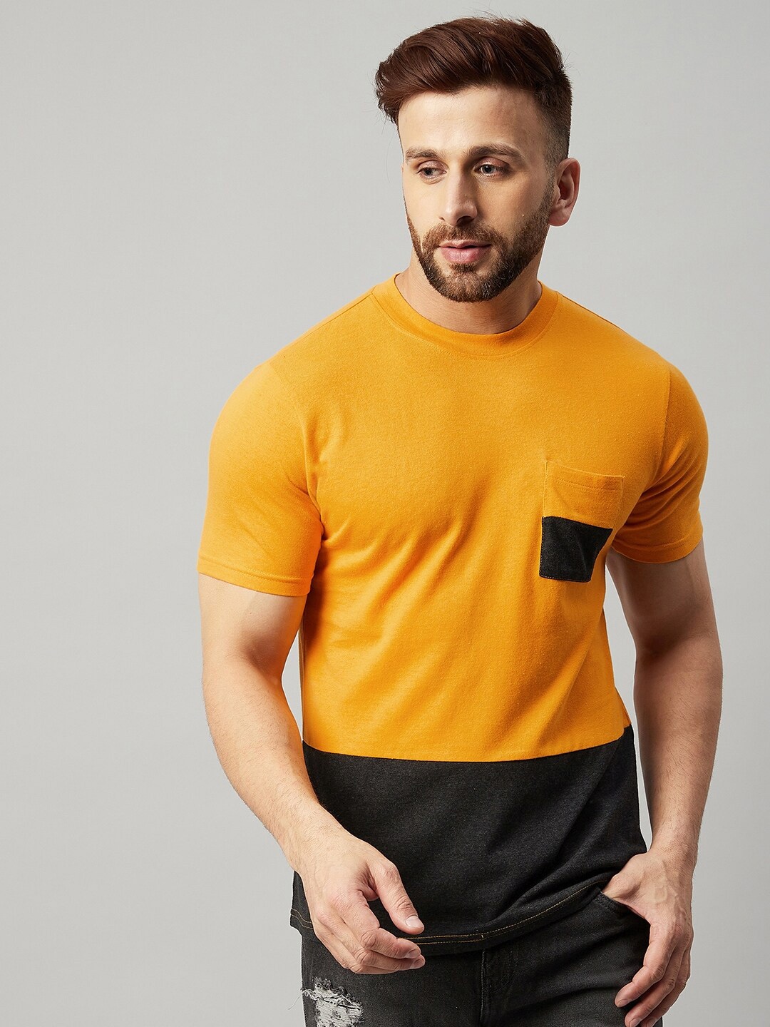 

GRITSTONES Men Yellow & Grey Colourblocked T-shirt