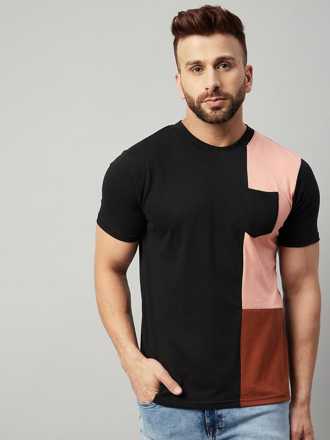 

GRITSTONES Men Black & Pink Colourblocked V-Neck T-shirt