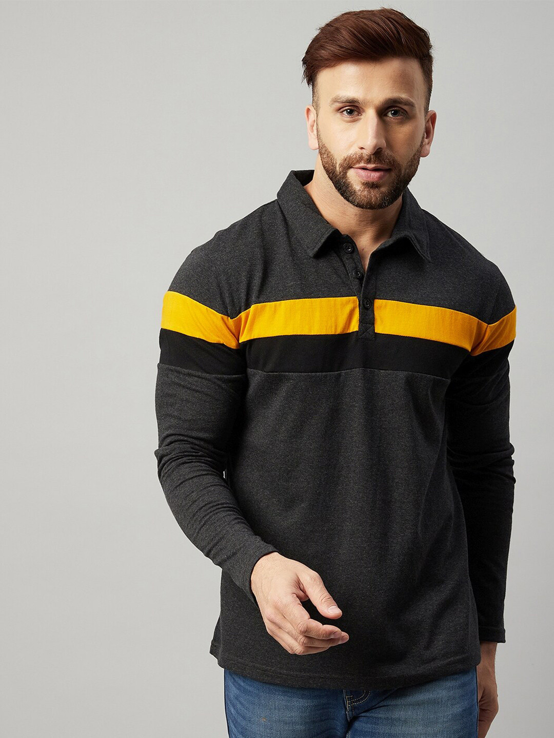 

GRITSTONES Men Grey Colourblocked Polo Collar T-shirt