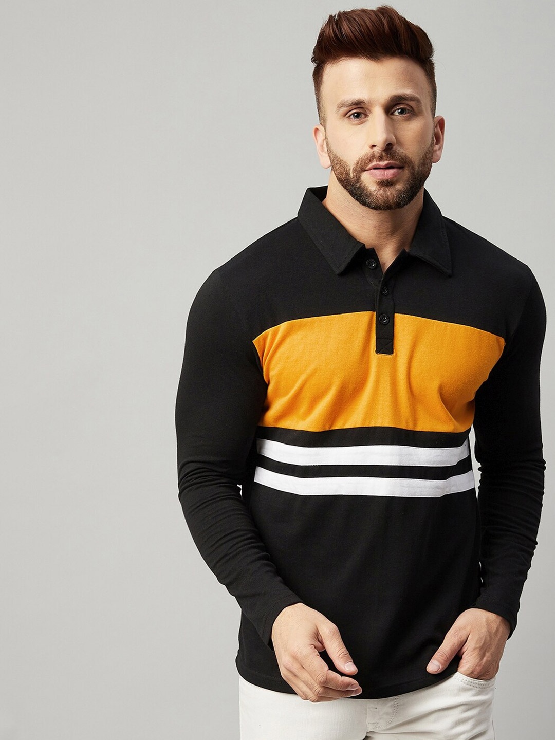 

GRITSTONES Men Black and Yellow Polo Collar T-shirt