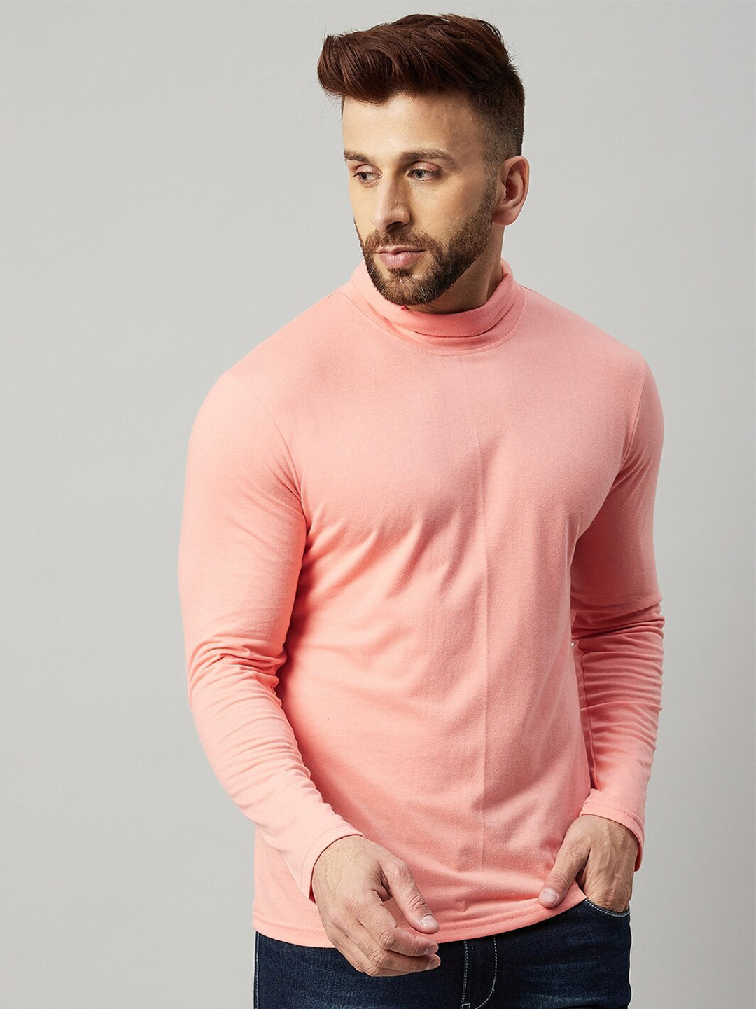 

GRITSTONES Men Coral Peach Solid High Neck T-shirt