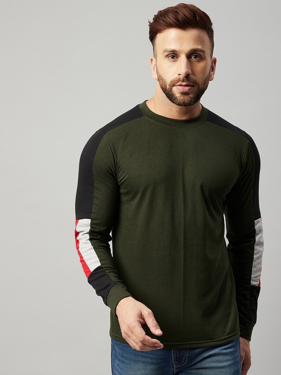 

GRITSTONES Men Olive Green Drop-Shoulder Sleeves T-shirt