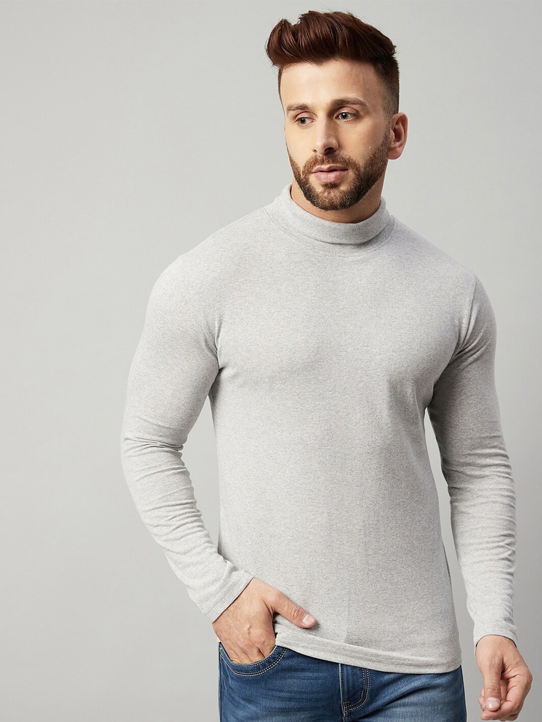 

GRITSTONES Men Grey Melange High Neck Raw Edge T-shirt