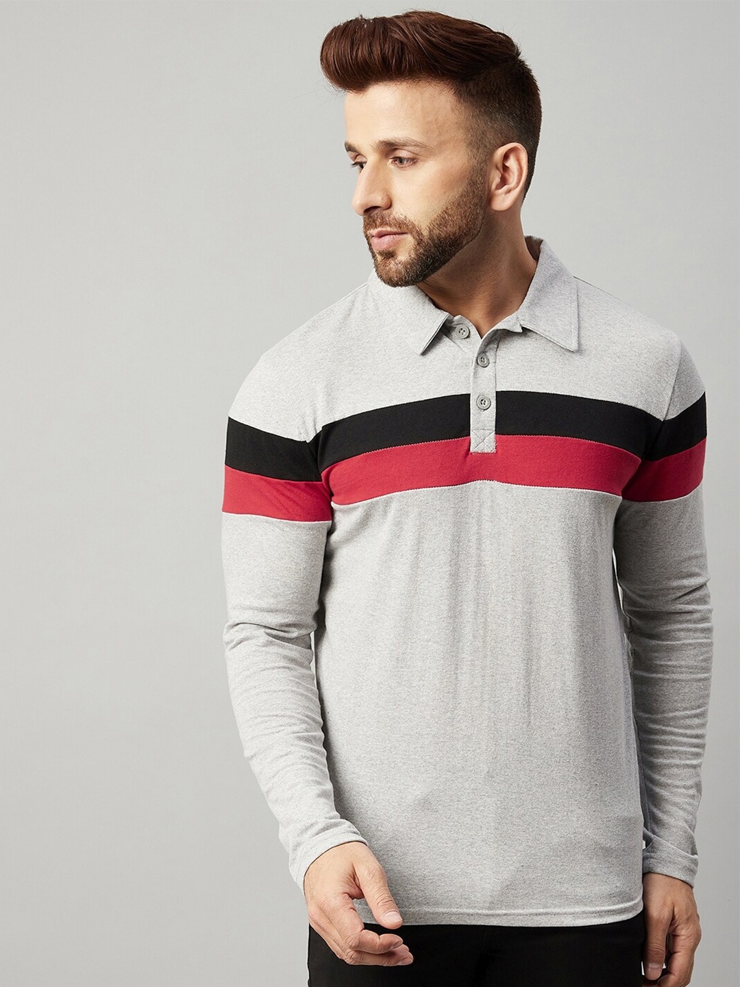 GRITSTONES Men Grey Melange Striped Polo Collar T-shirt