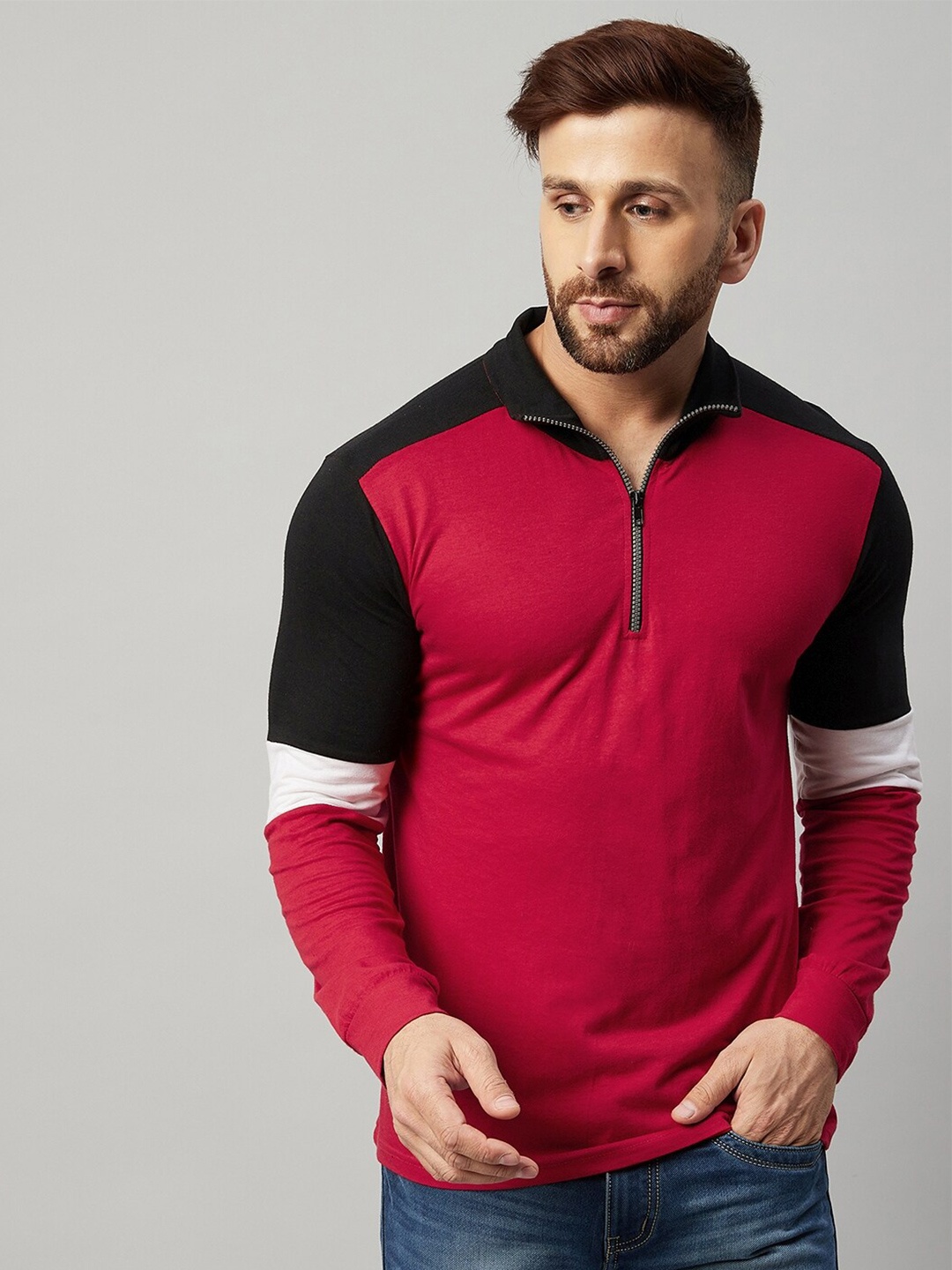 

GRITSTONES Men Red Colourblocked Polo Collar T-shirt