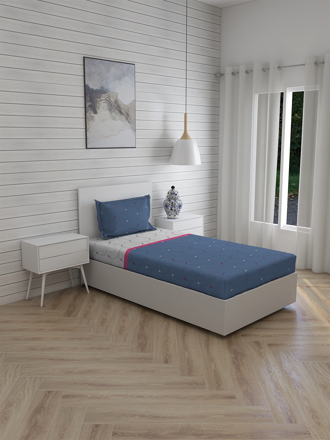 

Layers Blue & Grey Geometric 144 TC Single Bedsheet with 1 Pillow Covers