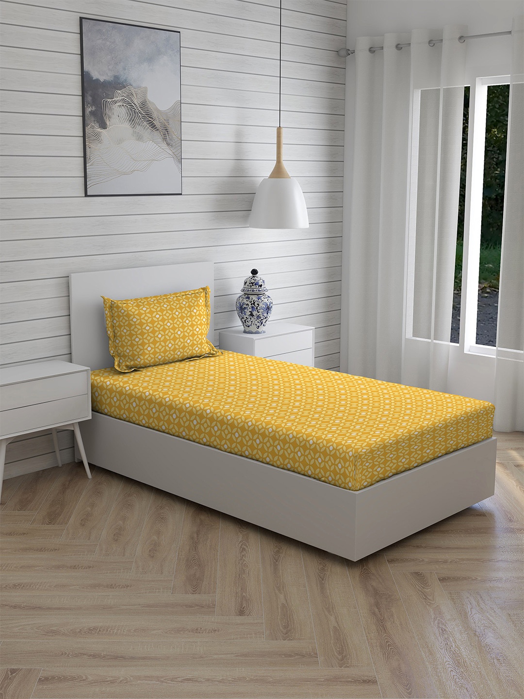 

Layers Yellow & White Graphic 144 TC Single Bedsheet with 1 Pillow Covers