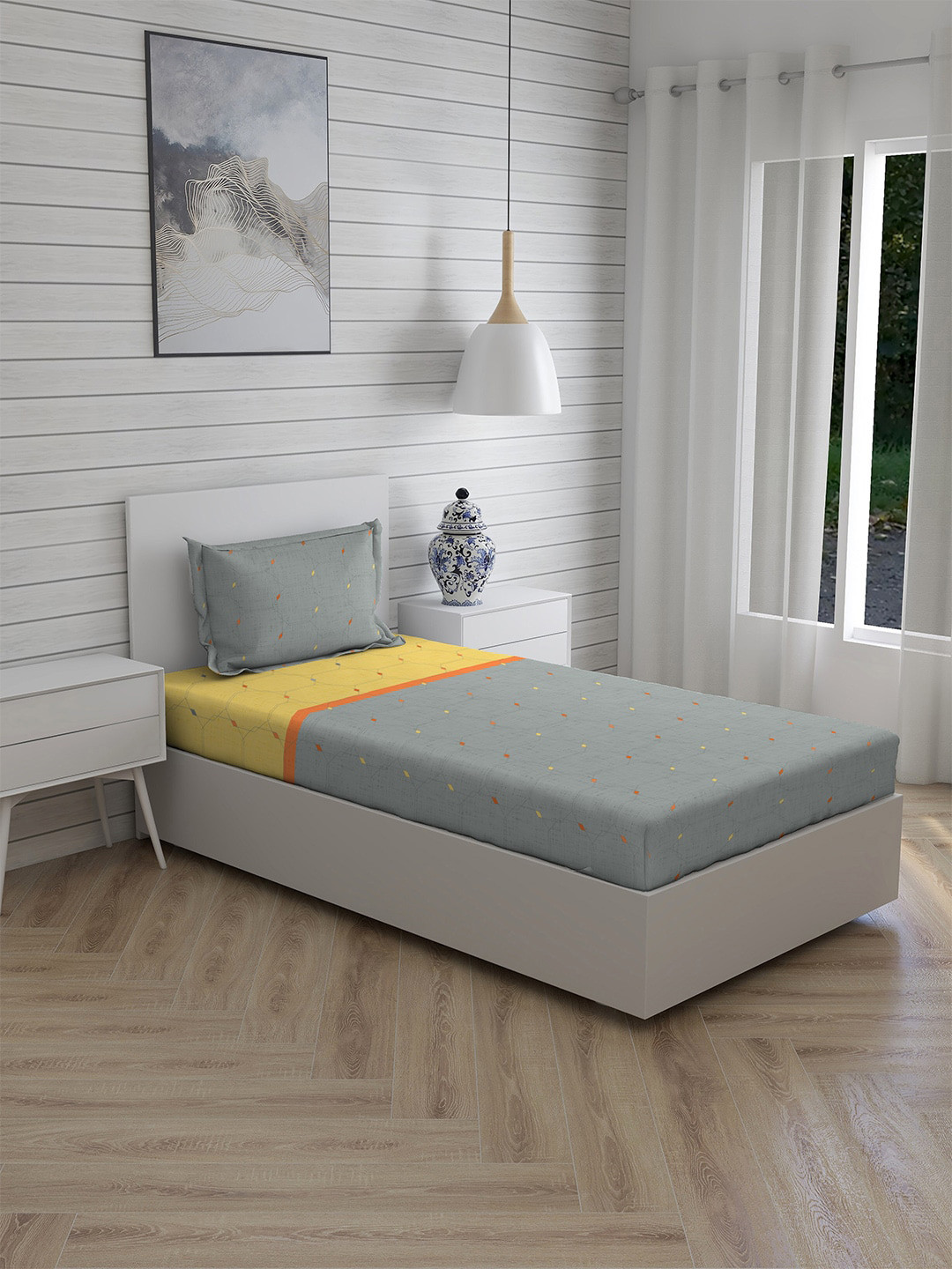 

Layers Grey & Orange Geometric 144 TC Single Bedsheet with 1 Pillow Covers