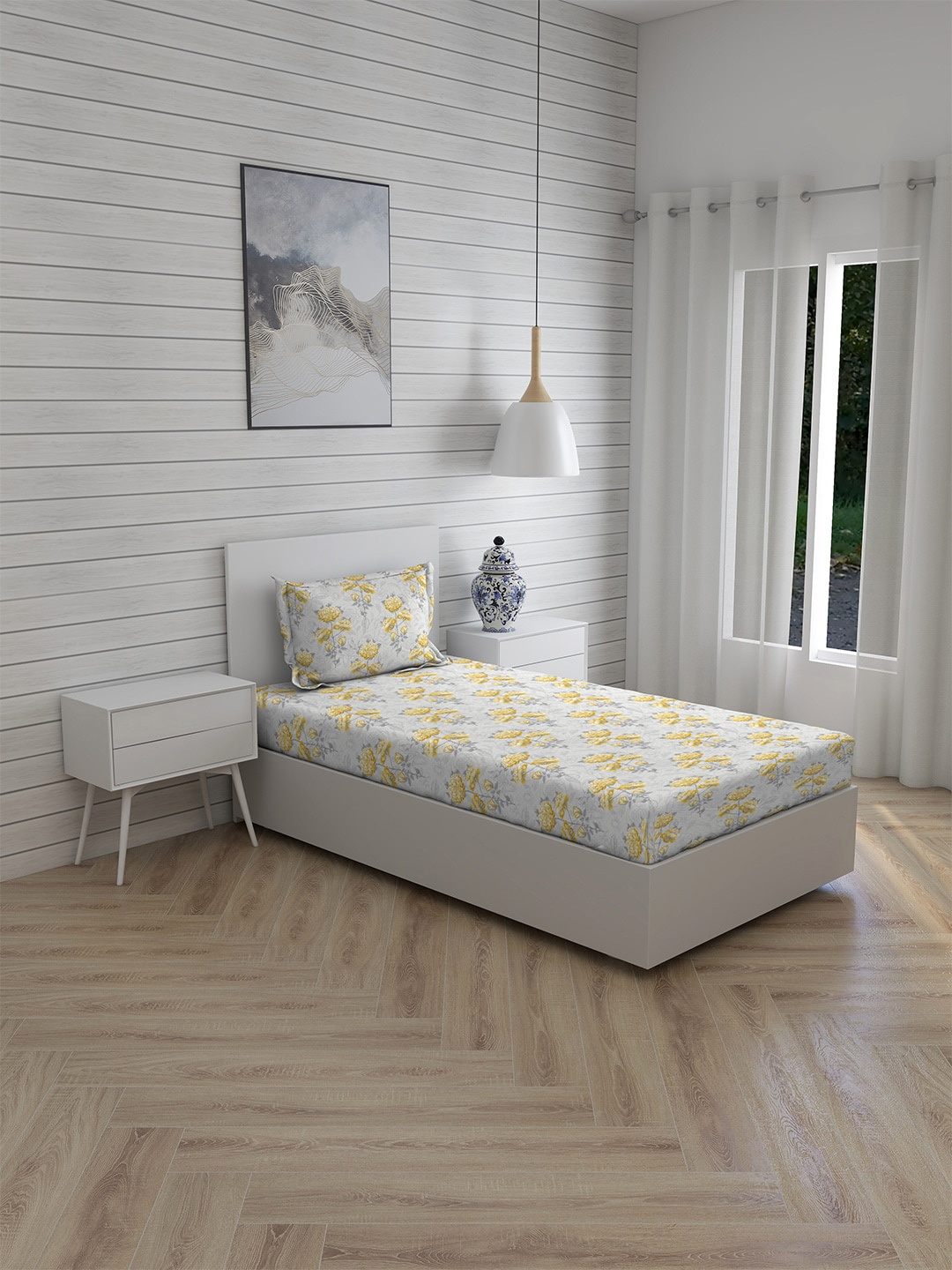 

Layers Yellow & White Floral 144 TC Single Bedsheet with 1 Pillow Covers
