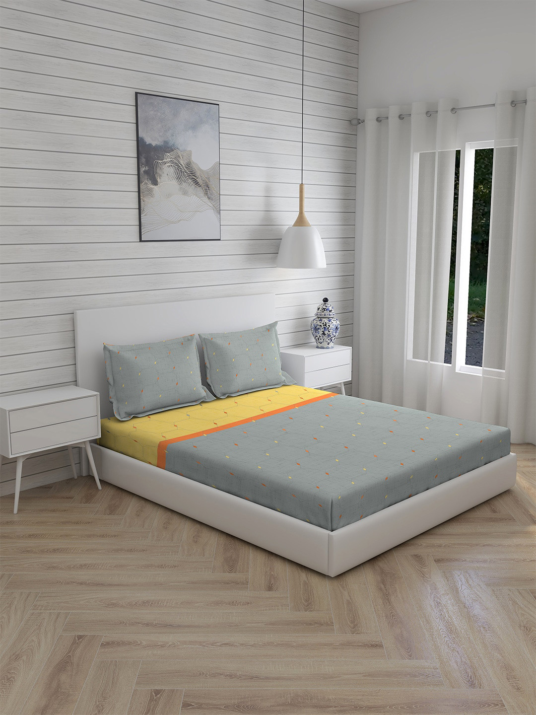 

Layers Grey & Orange 144 TC King Bedsheet with 2 Pillow Covers