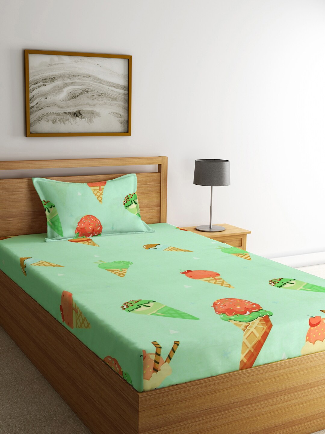 

KLOTTHE Conversation Print 300 TC Single Bedsheet with Pillow Cover, Green