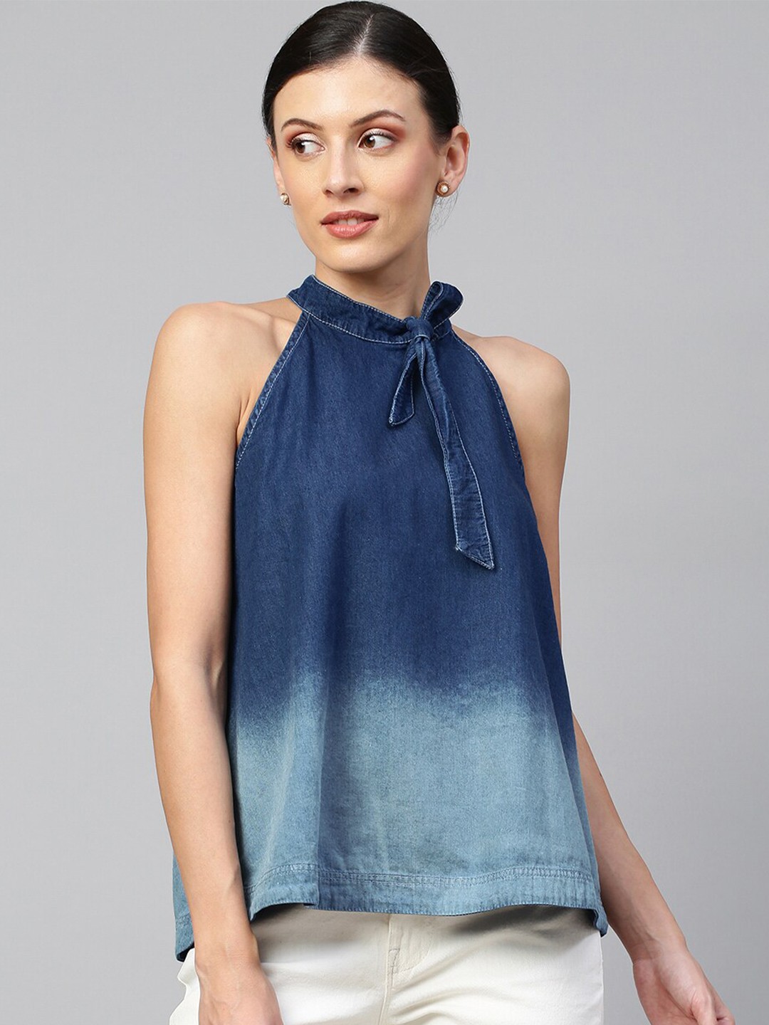 

Chemistry Navy Blue Ombre Halter Neck Denim Styled Back Top