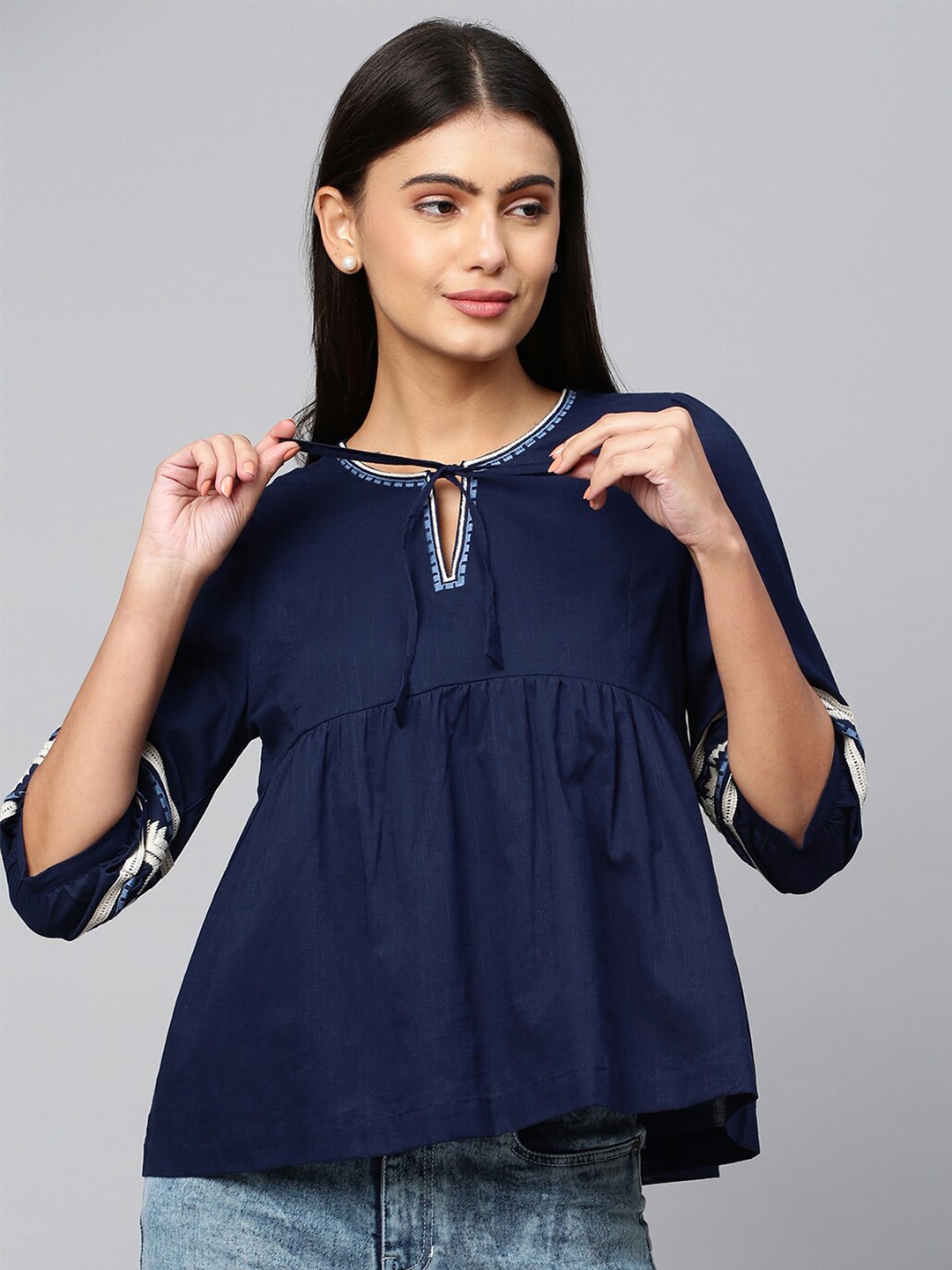 

Chemistry Navy Blue Chemistry Embroidered Textured Cross Hatch Cotton Top
