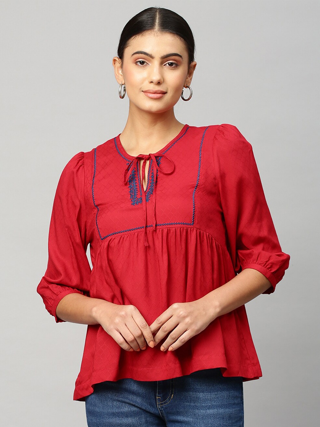 

Chemistry Red Embroidered Top