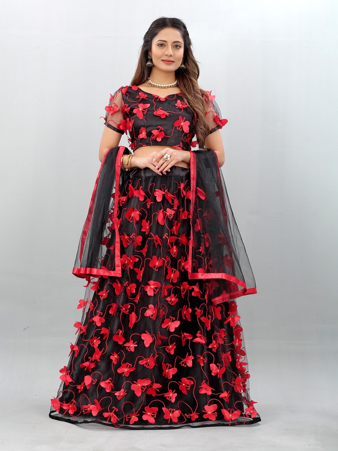 

APNISHA Black & Red Embellished Ready to Wear Lehenga & Unstitched Blouse With Dupatta