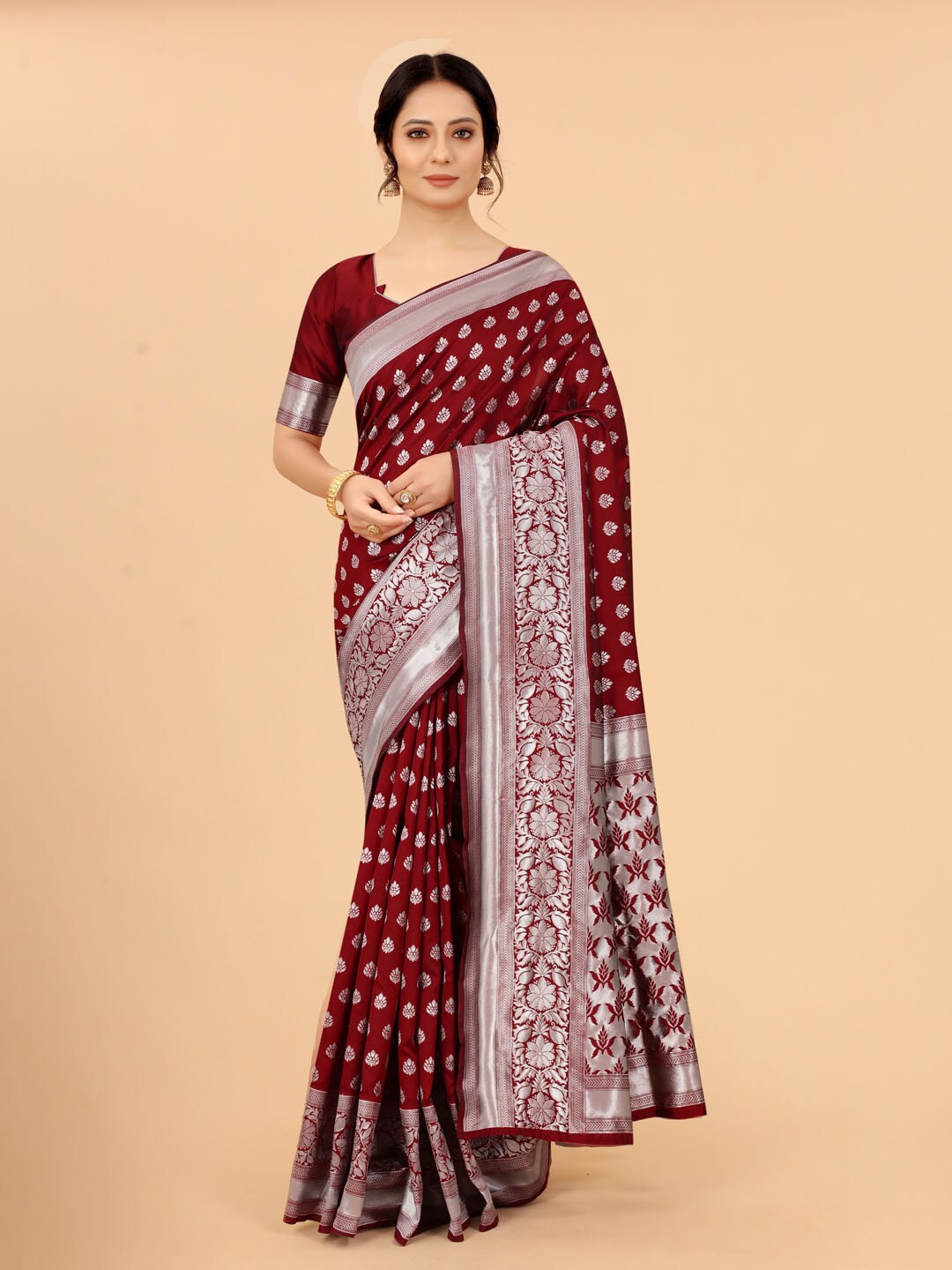 

WELL WORN Maroon & Silver-Toned Woven Design Zari Silk Cotton Banarasi Saree
