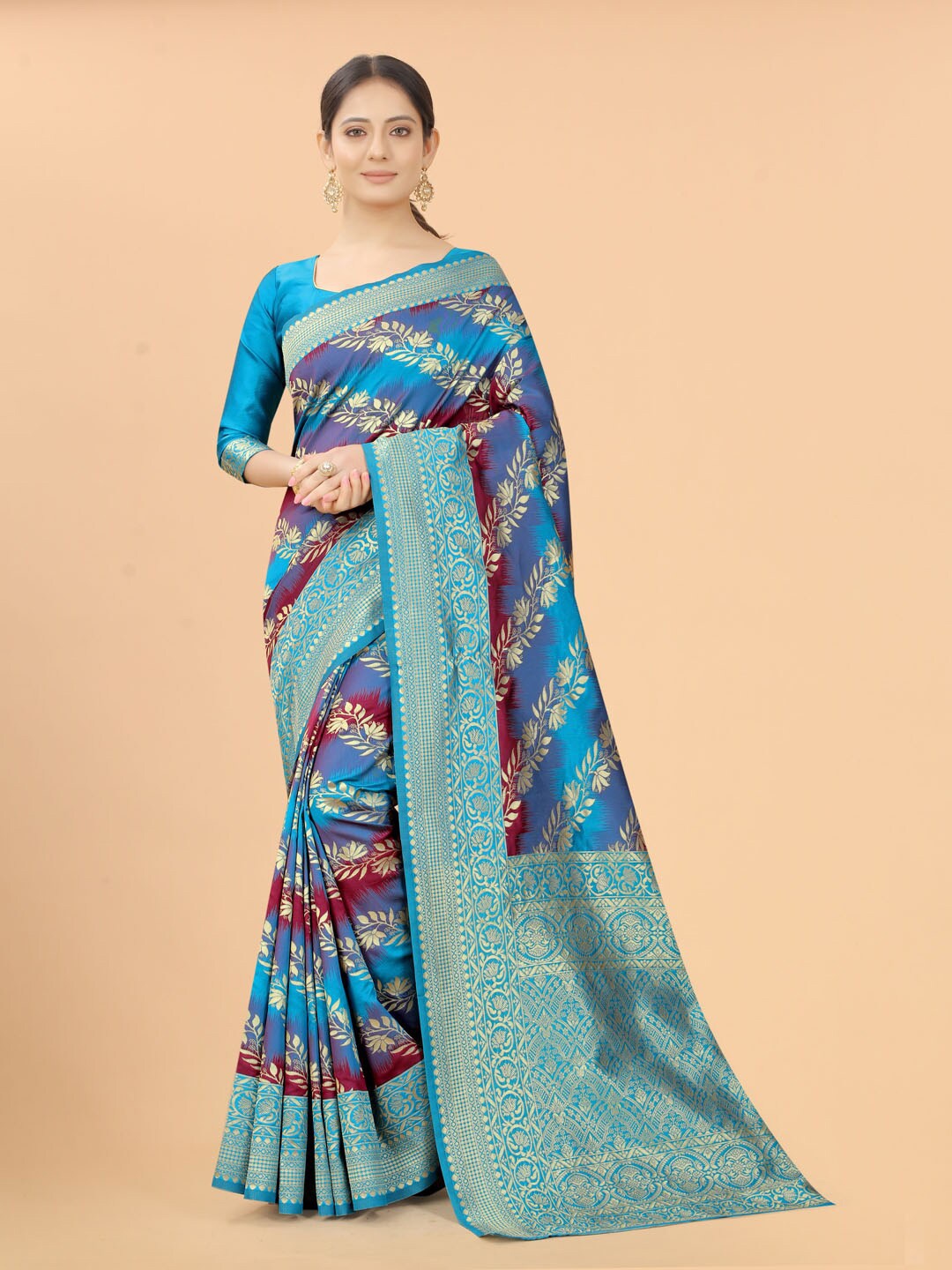 

WELL WORN Blue & Burgundy Woven Design Zari Silk Cotton Banarasi Saree