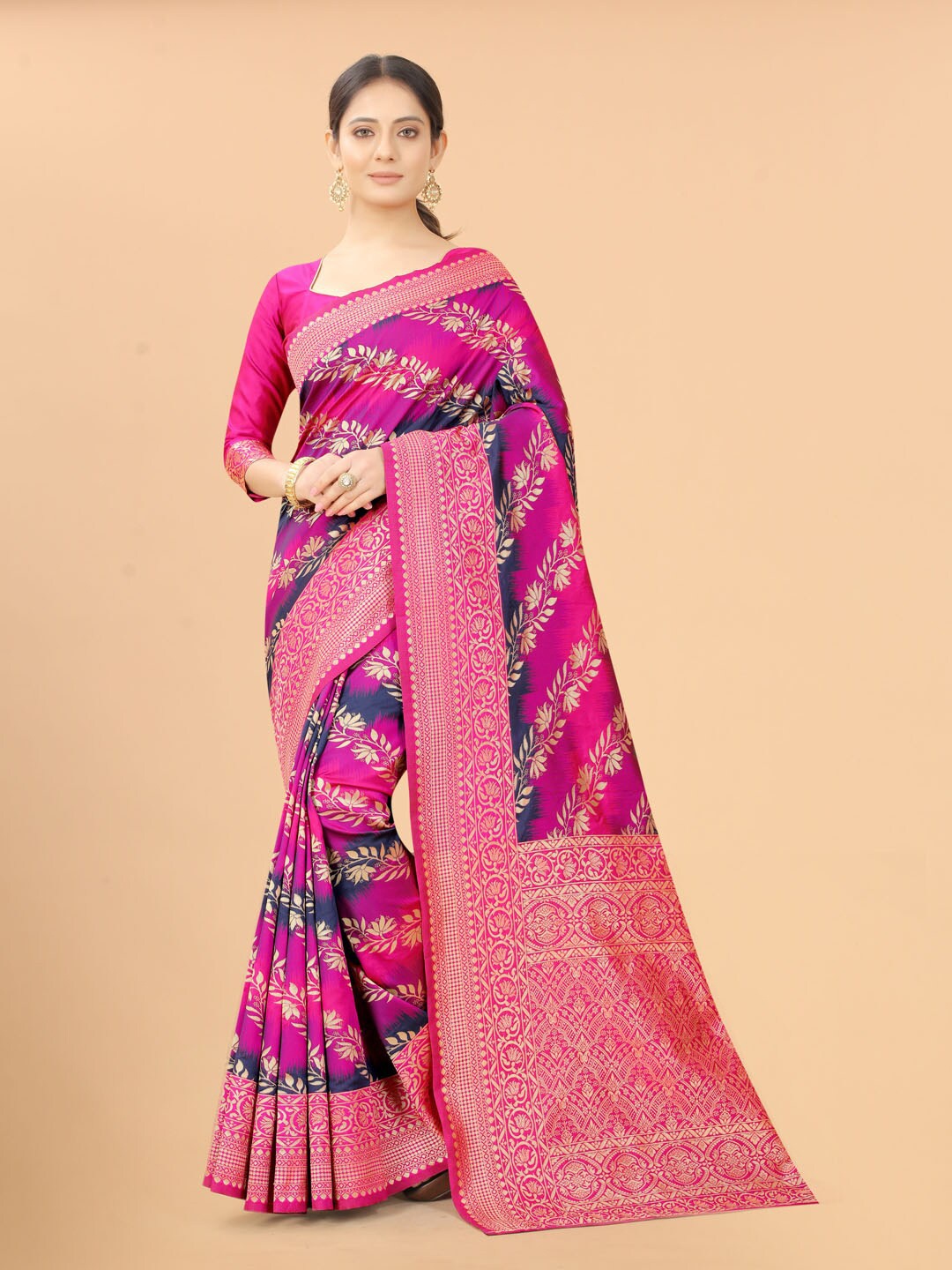 

WELL WORN Pink & Navy Blue Woven Design Zari Silk Cotton Banarasi Saree