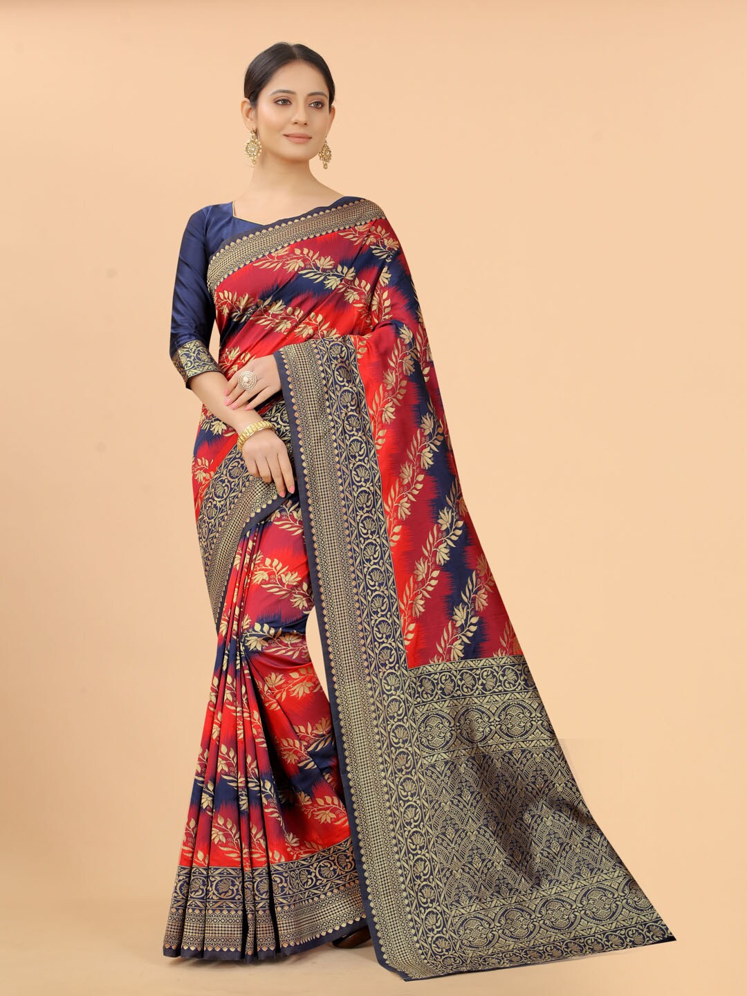

WELL WORN Red & Navy Blue Woven Design Zari Silk Cotton Banarasi Saree