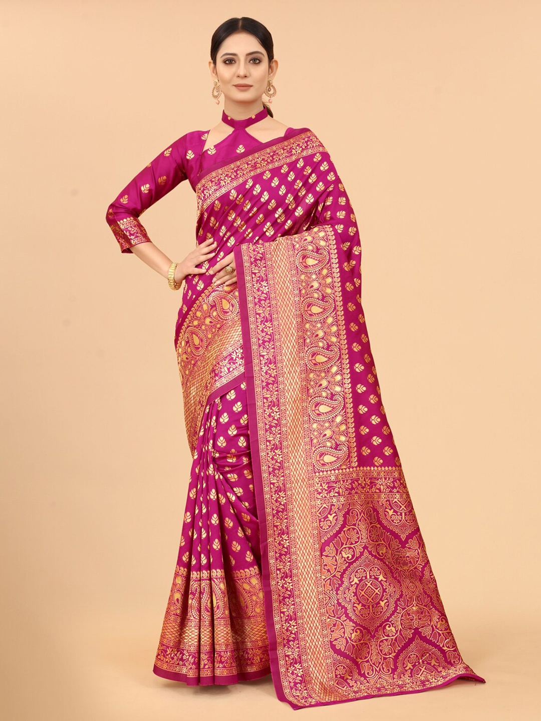 

WELL WORN Pink & Gold-Toned Woven Design Zari Silk Cotton Banarasi Saree