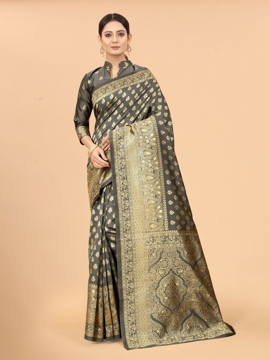 

WELL WORN Grey Woven Design Zari Silk Cotton Banarasi Saree