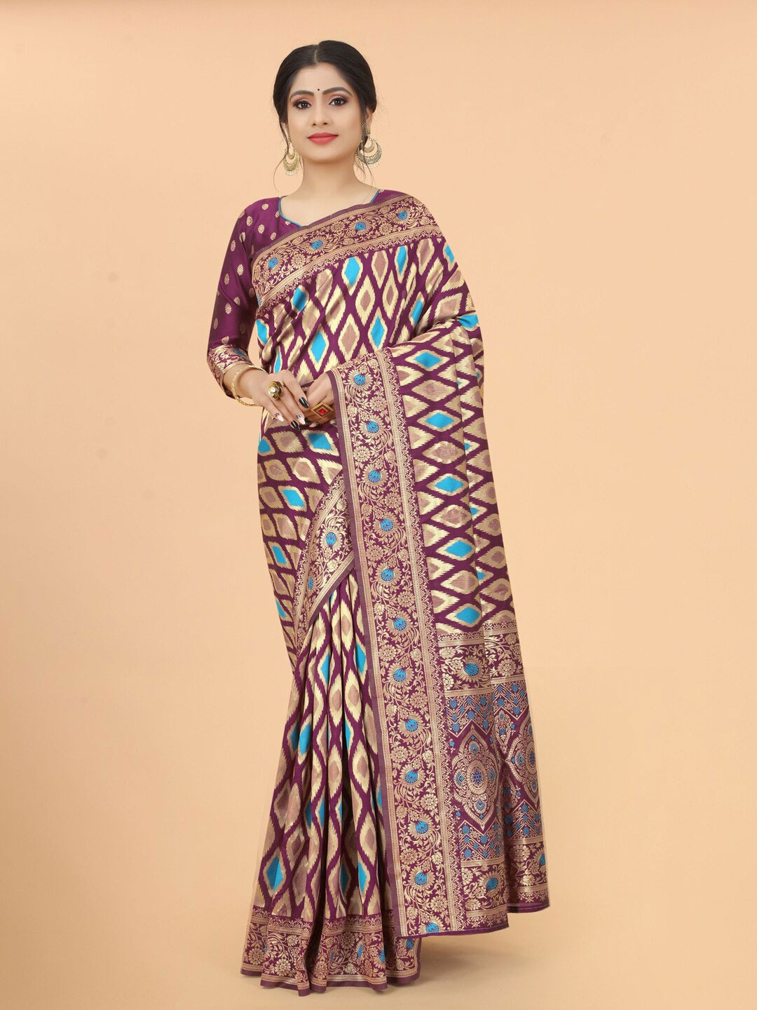 

WELL WORN Purple & Blue Woven Design Zari Silk Cotton Banarasi Saree