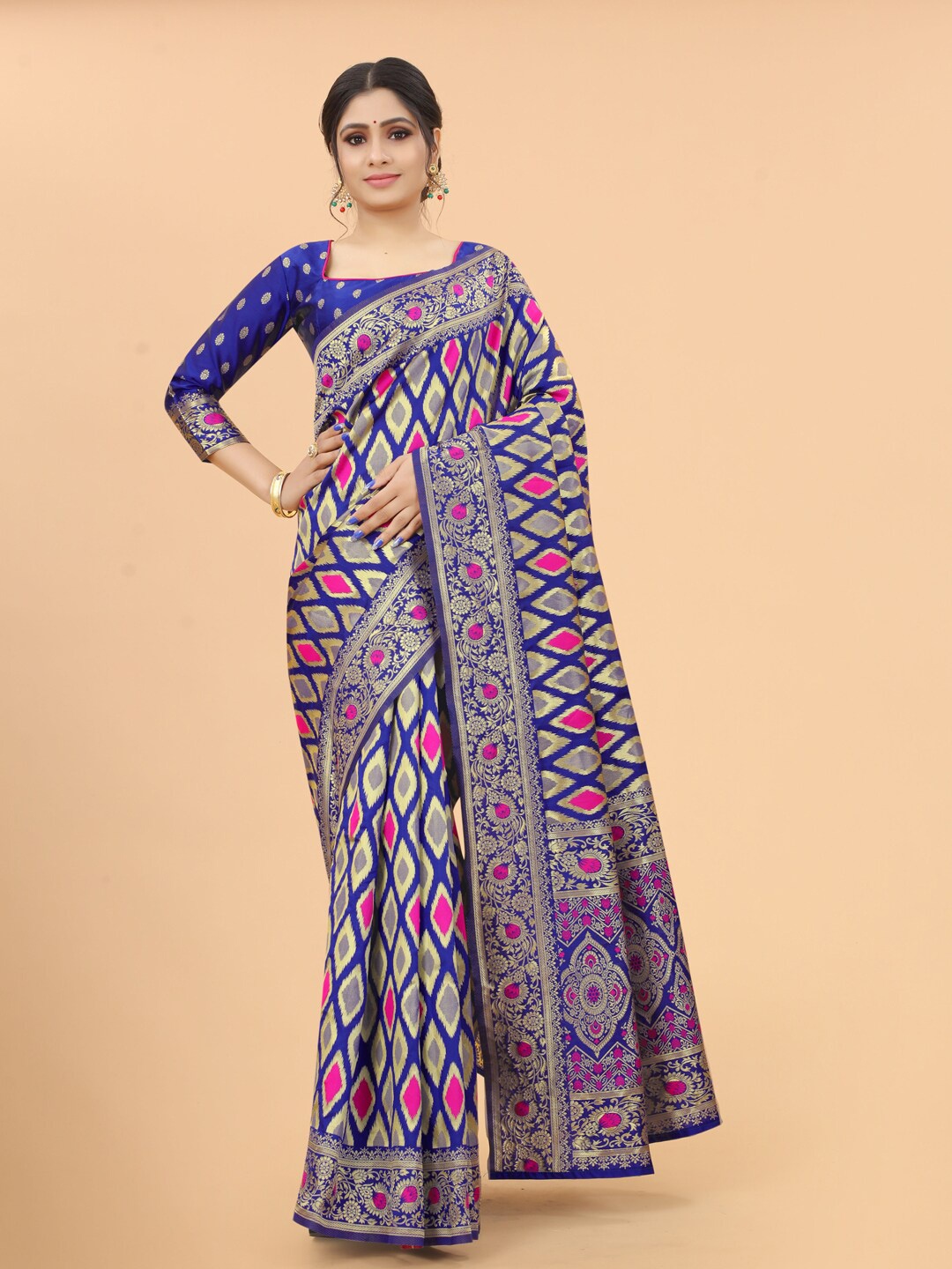 

WELL WORN Blue & Pink Ethnic Motifs Zari Silk Cotton Banarasi Saree