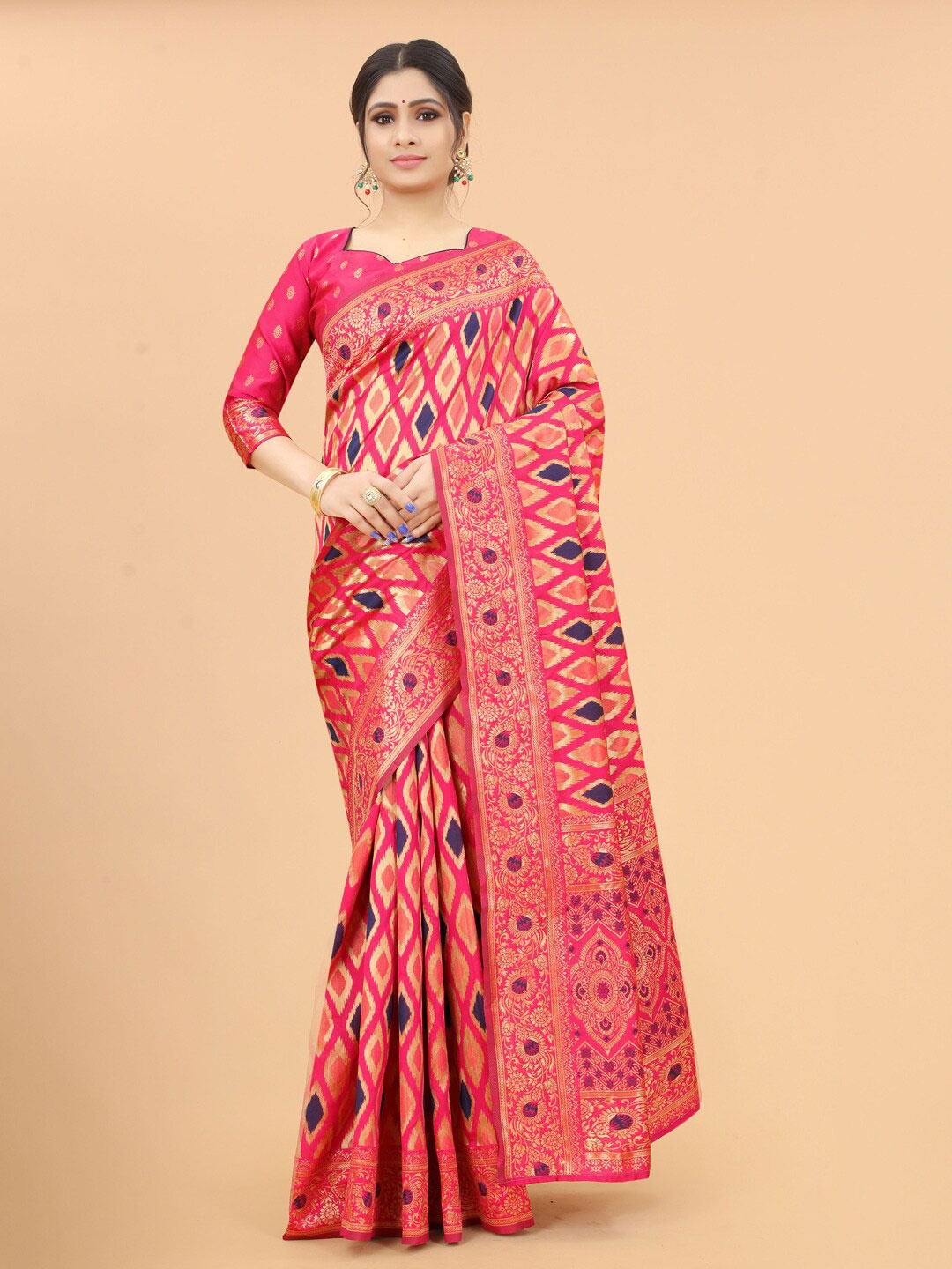 

WELL WORN Pink & Navy Blue Ethnic Motifs Silk Cotton Zari Saree