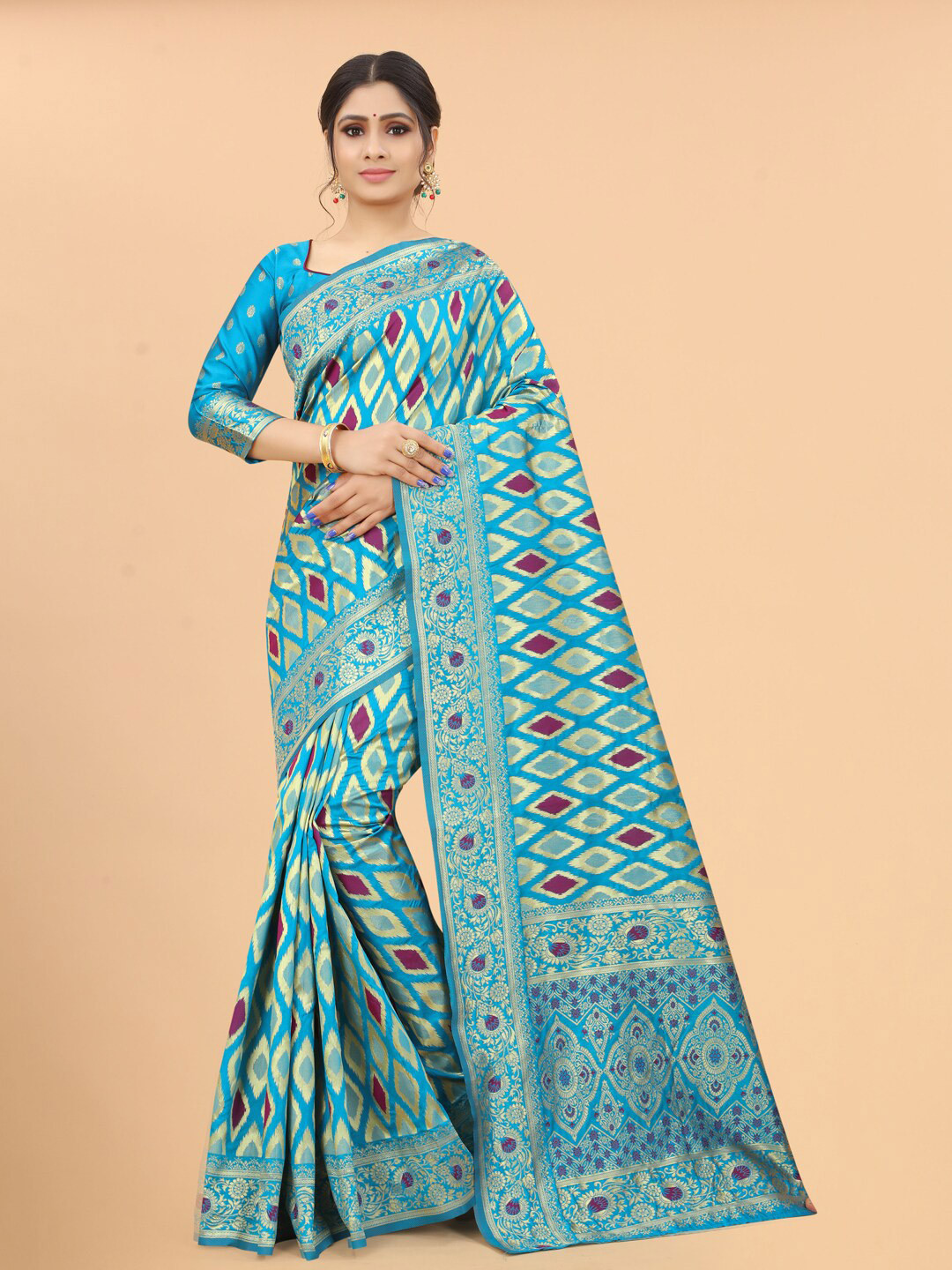 

WELL WORN Blue & Purple Woven Design Zari Silk Cotton Banarasi Saree