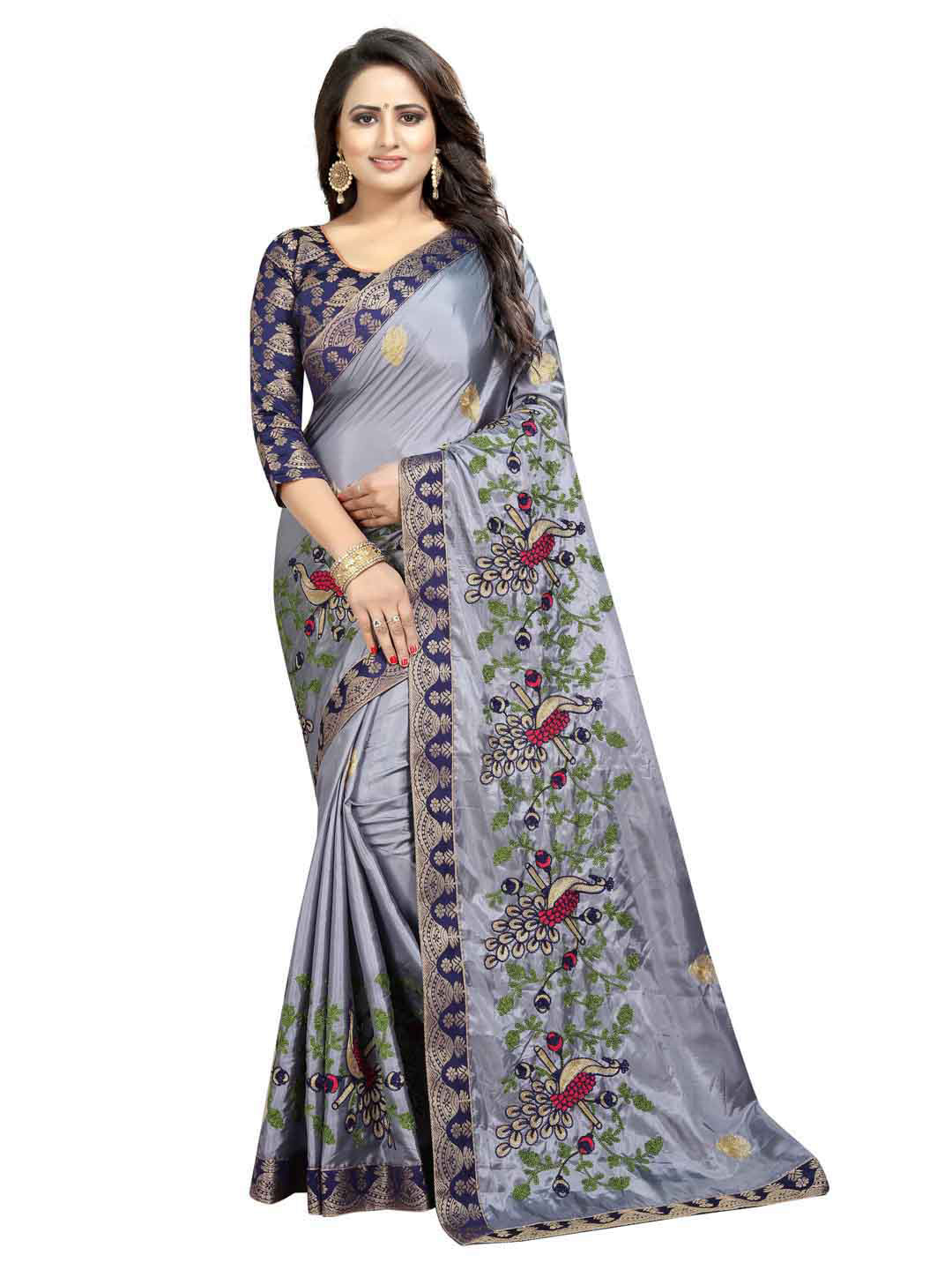 

SHREEJI DESIGNER Grey & Green Floral Embroidered Saree