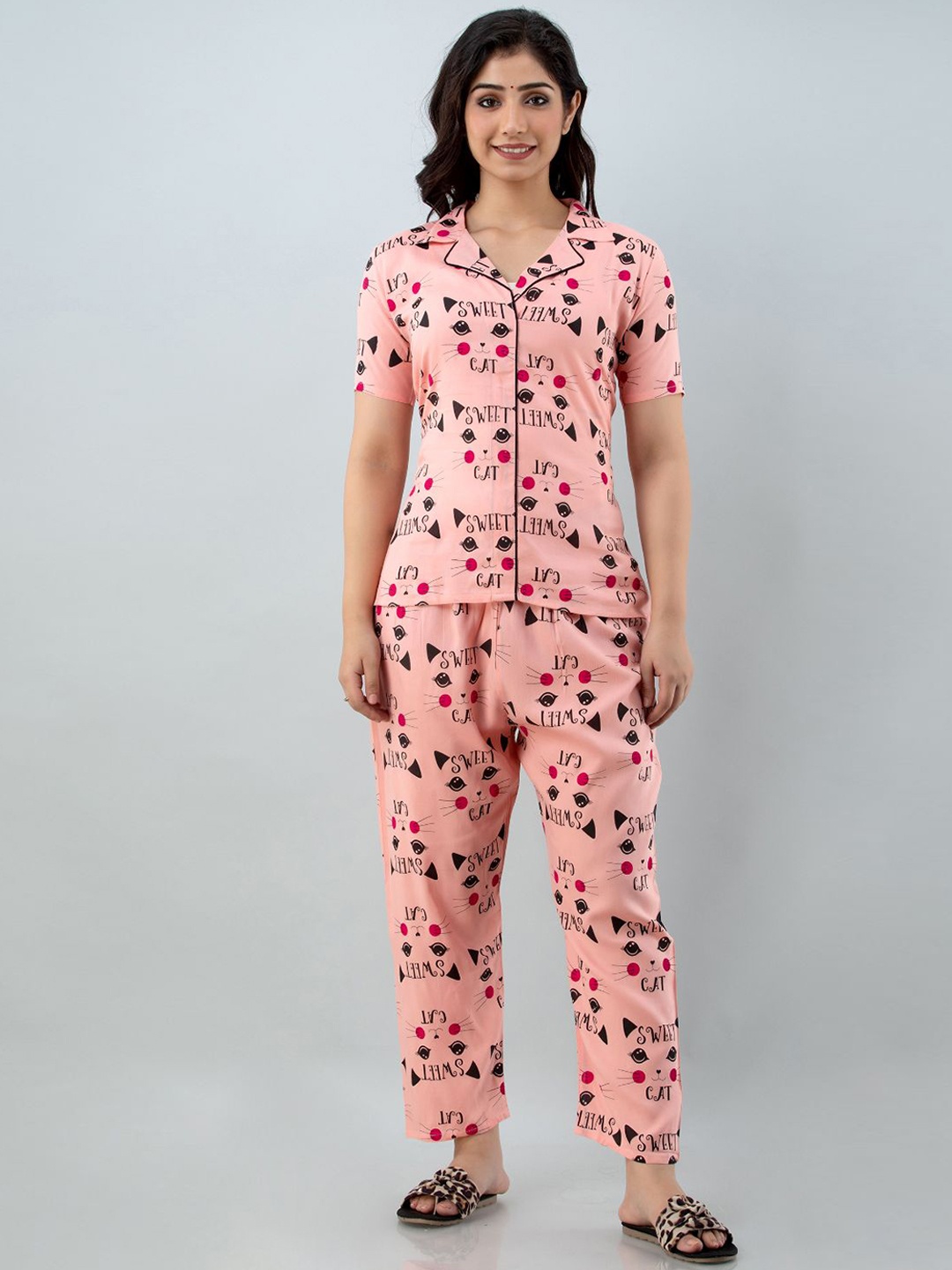 

FABISTA Women Pink & Black Printed Night suit