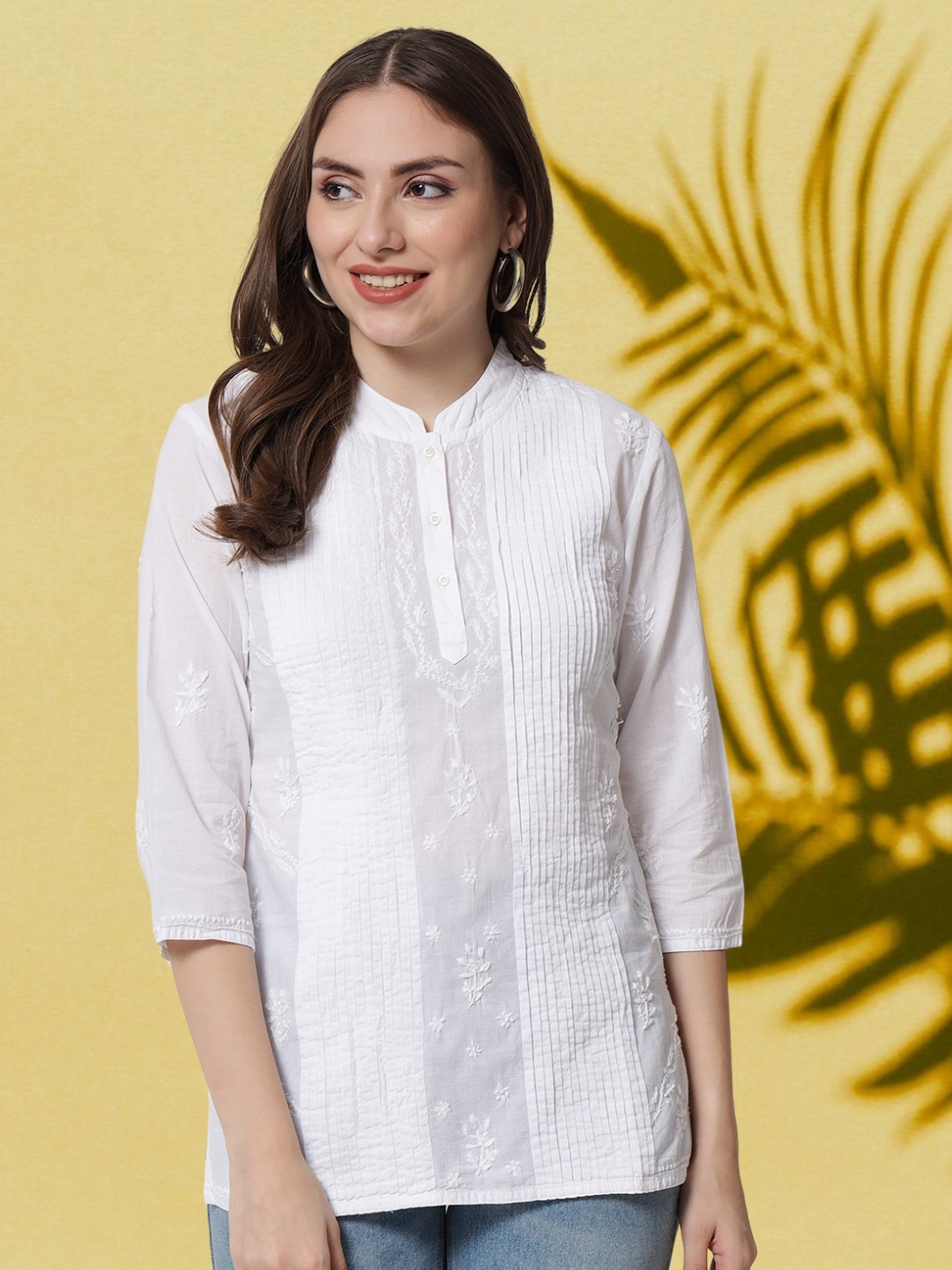 

PARAMOUNT CHIKAN White Embroidered Chikankari Pure Cotton Chikankari Pleated Kurti