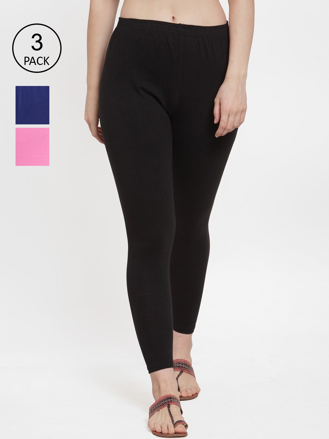 

GRACIT Women Pack Of 3 Black & Blue Solid Ankle-Length Leggings