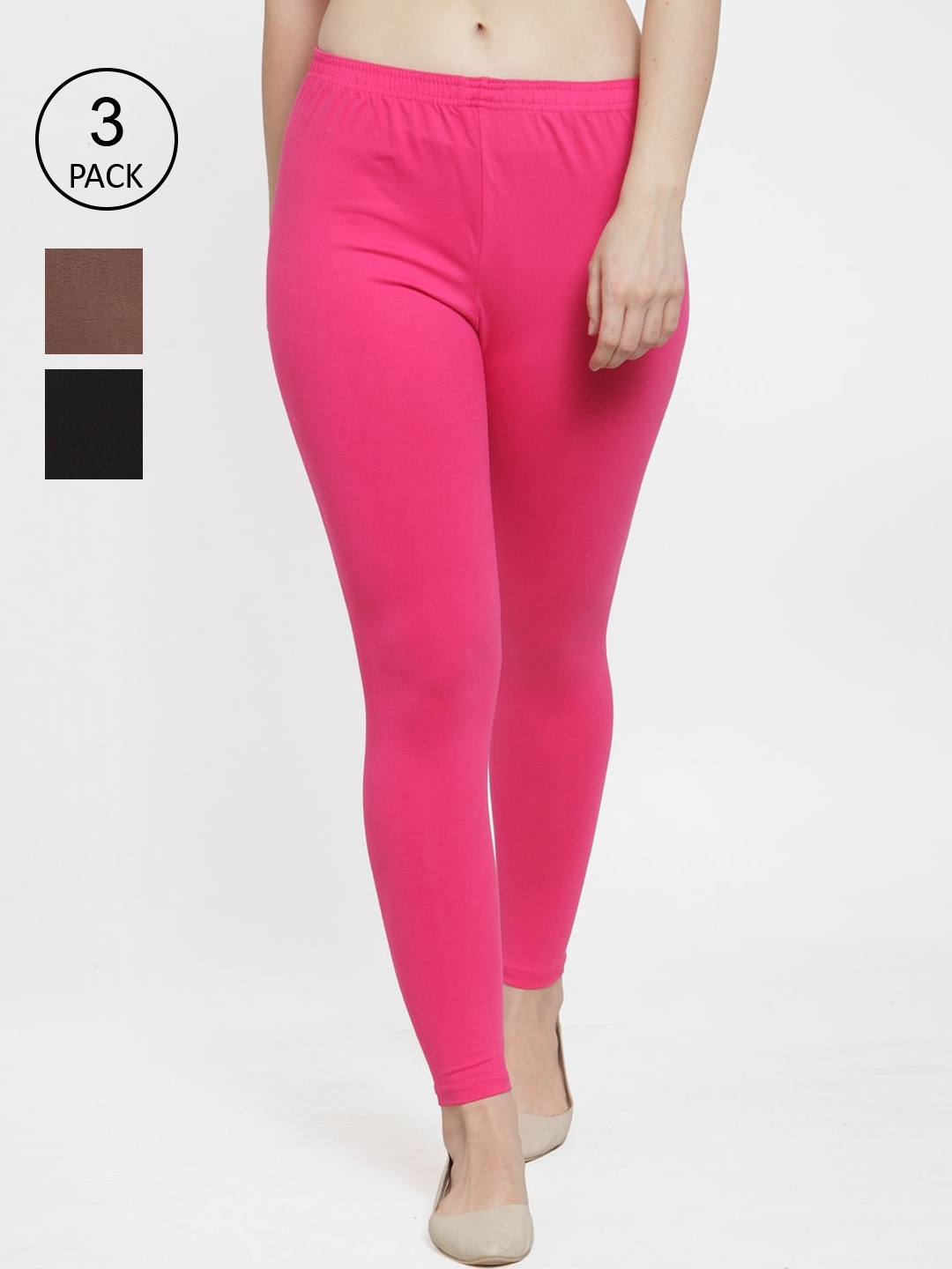

GRACIT Woman Pack Of 3 Black and Pink Solid Ankle Length Legging