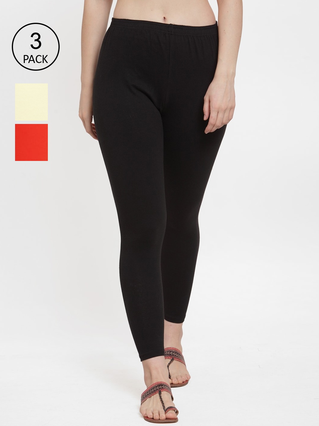 

GRACIT Woman Pack Of 3 Black , Orange & Cream Solid Ankle Length Legging