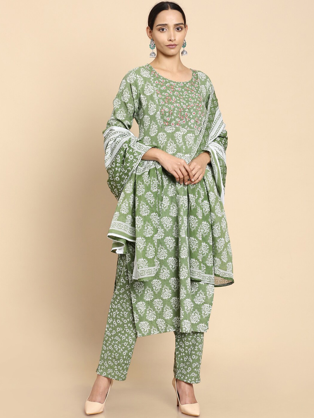 

Soch Women Green Floral Embroidered Pleated Thread Work Pure Cotton Kurti with Trousers & With Dupatta