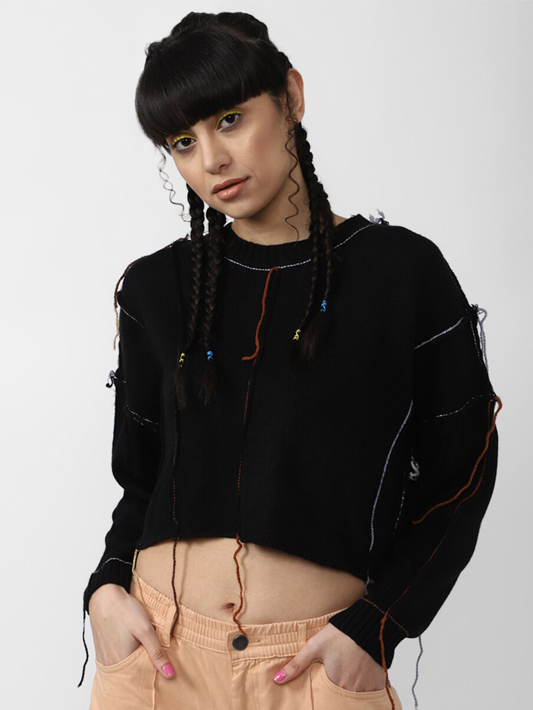 

FOREVER 21 Women Black Crop Pullover