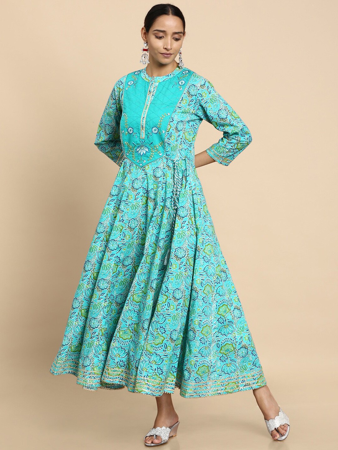 

Soch Floral Printed Mandarin Collar Cotton Ethnic Dress, Blue
