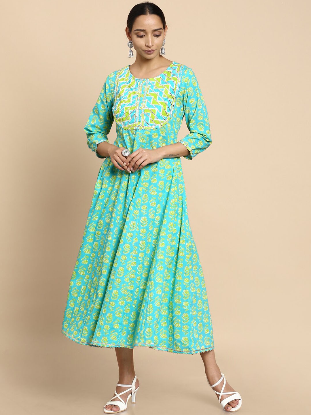 

Soch Women Blue Geometric Printed Mirror Work Floral Anarkali Kurta