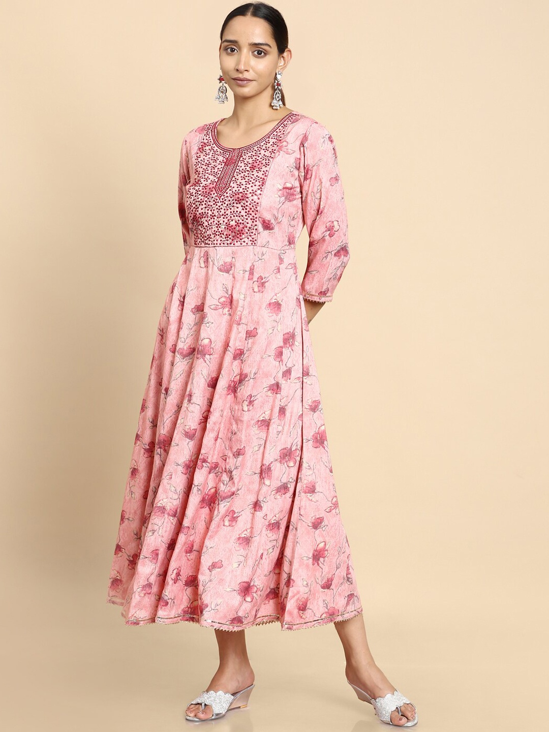 

Soch Women Pink Floral Printed Mirror Work Floral Anarkali Kurta