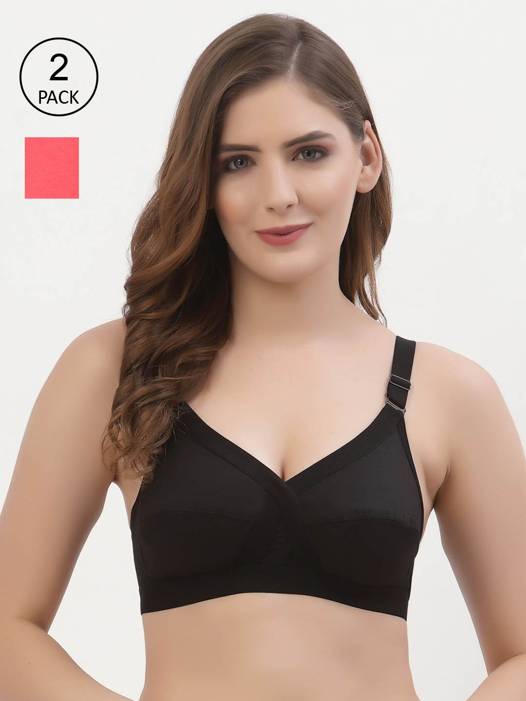 

Floret Pack of 2 Non-Padded Non-Wired Full Coverage Cotton Bras with All Day Comfort, Black