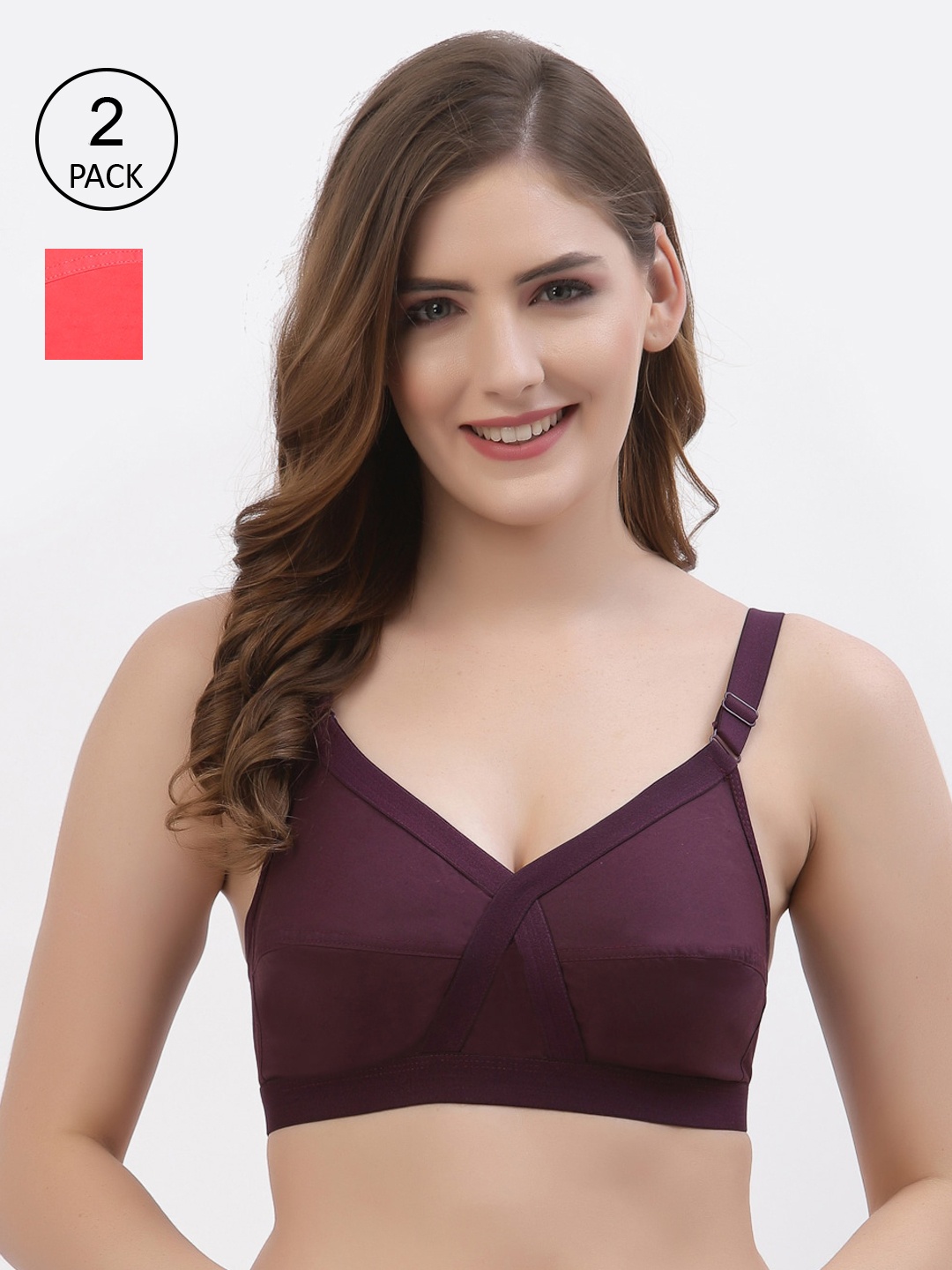 

Floret Pack of 2 Non-Padded Non-Wired Full Coverage Cotton Bras with All Day Comfort, Burgundy